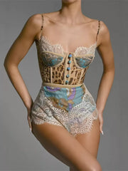 Leopard lace-trimmed romper with button details and ornate print shorts