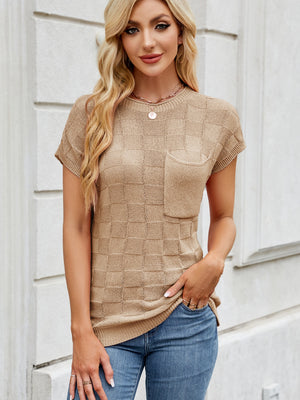 Textured knit pocket tee in tan with short sleeves and a crew neck.