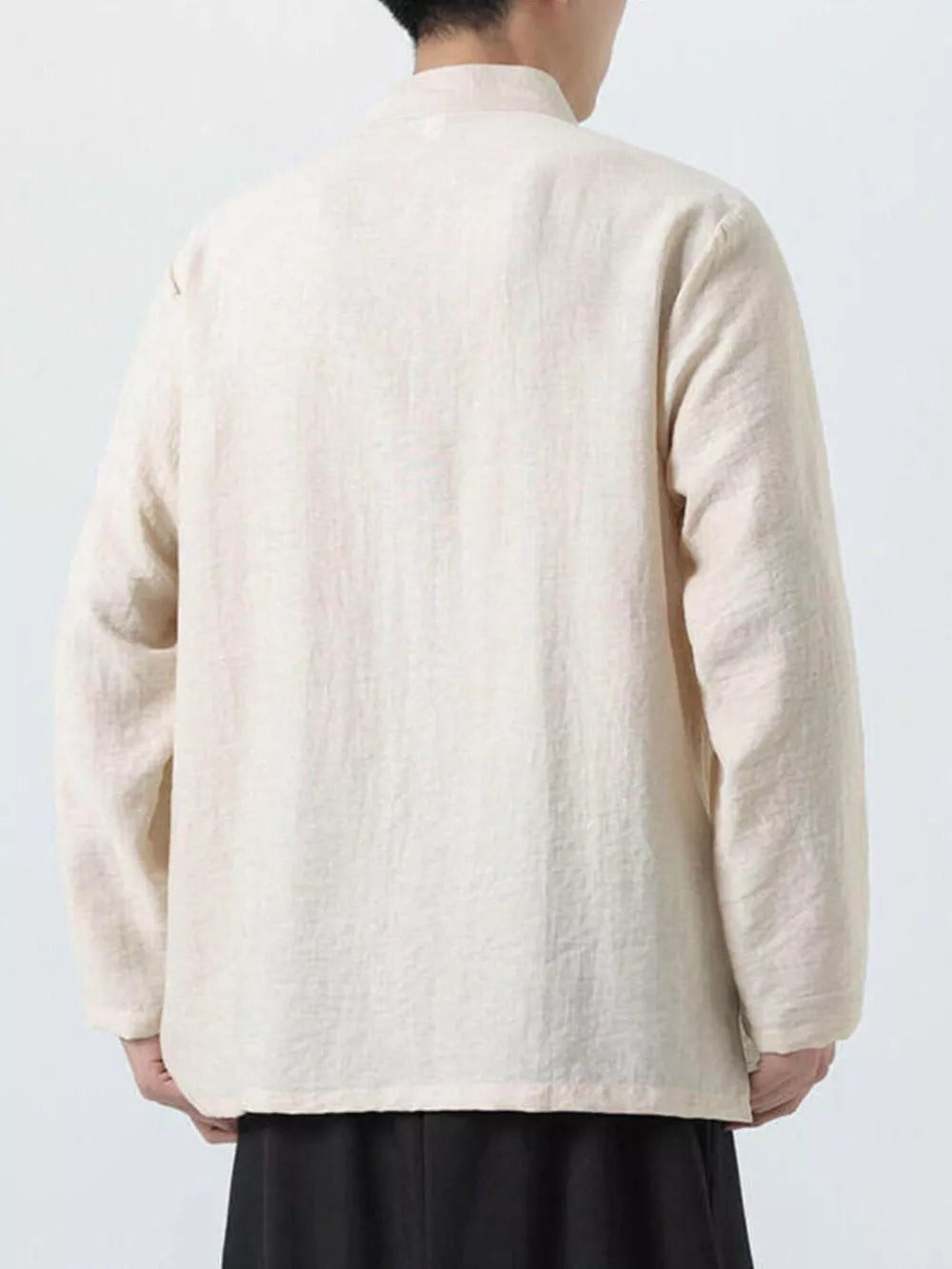 Men's ivory cotton mandarin collar shirt, long sleeve, buttoned front detail