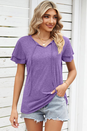 Lavender flutter sleeve henley tee with tie neckline and layered sleeves.