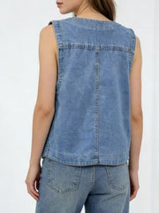 Light blue denim button-down vest with brass buttons, cropped length