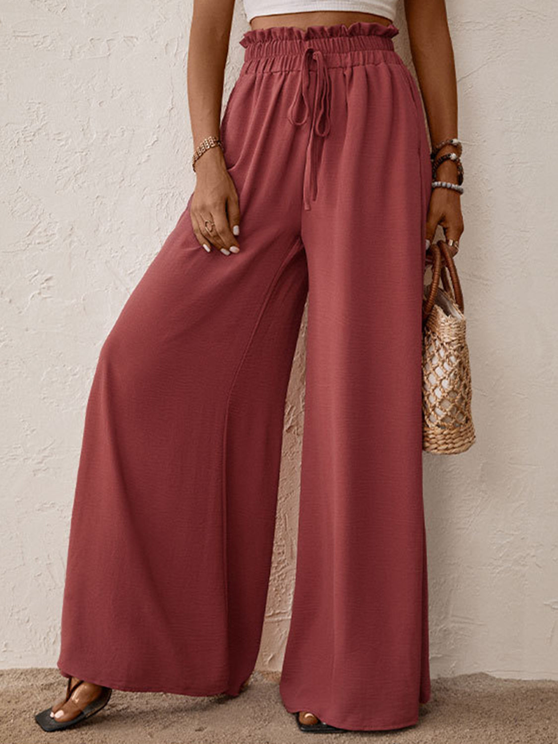Rust ruffled waist palazzo trousers with drawstring and wide leg