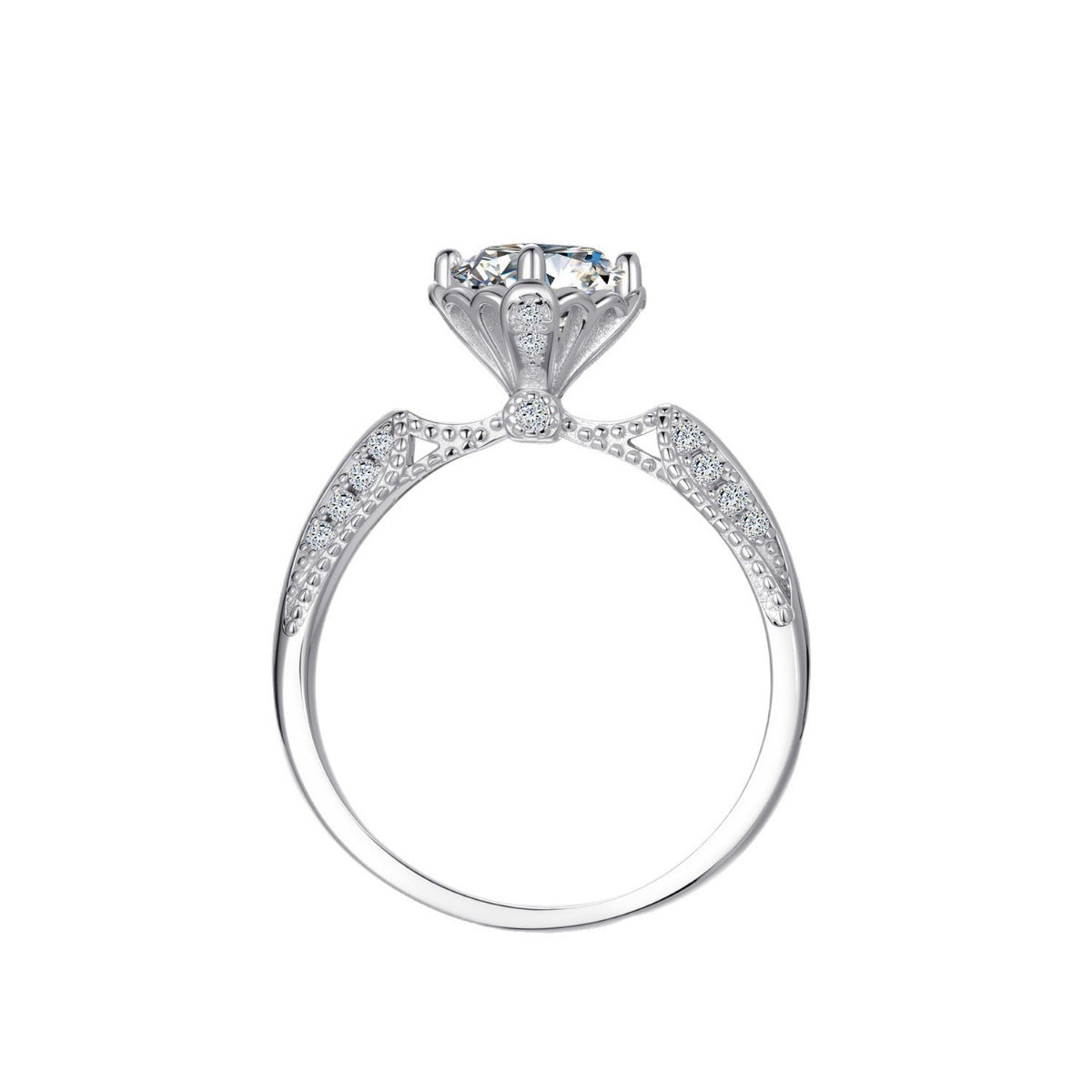 Moissanite sterling silver ring with diamond accents and intricate detailing.