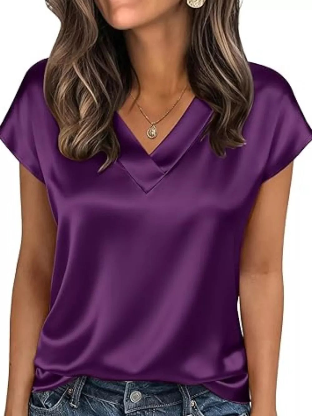Purple satin V-neck short sleeve maternity shirt with a relaxed fit.