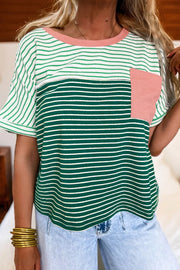 Stripe Contrast Color Block Relaxed Tee in Gum Leaf, side view