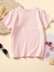 Toddler blush pink cotton crew neck t-shirt with a unicorn graphic.