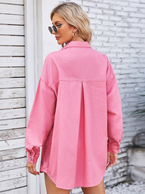 Pink oversized denim shirt with back pleat detail and button cuffs