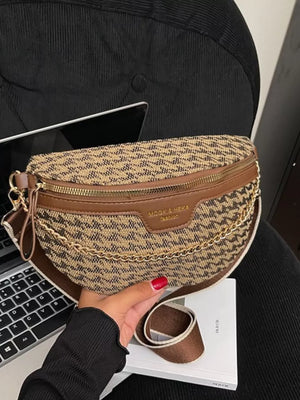Houndstooth mini crossbody bag with chain strap and brown trim