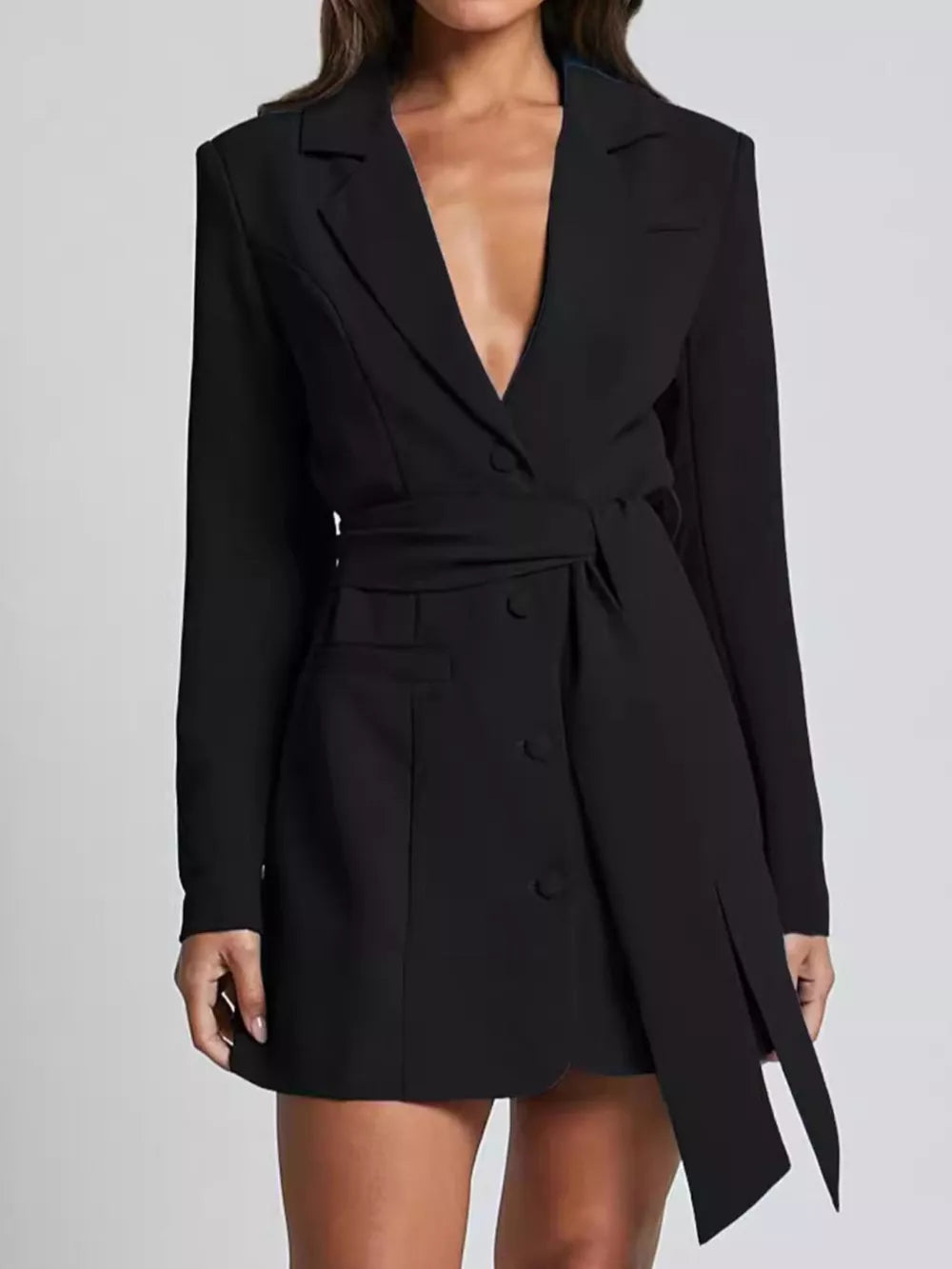 Black belted blazer dress with button front and tie waist.