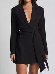 Black belted blazer dress with button front and tie waist.