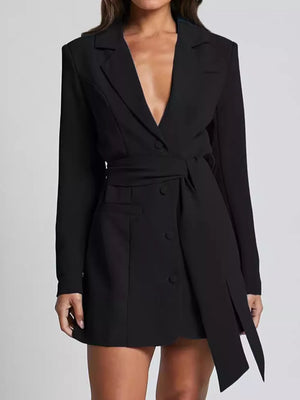 Black belted blazer dress with button front and tie waist.