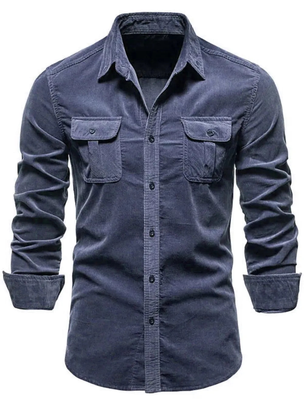 Dark Gray corduroy utility shirt with two chest pockets and button front.
