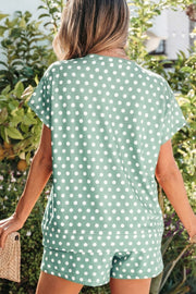 Green polka dot pajama set with crew neck top and shorts