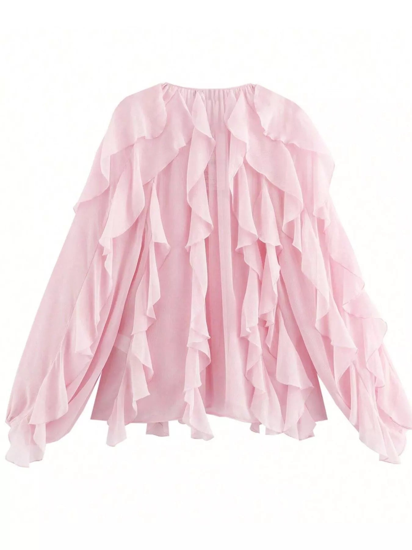 Pink sheer long-sleeve blouse with cascading ruffles.