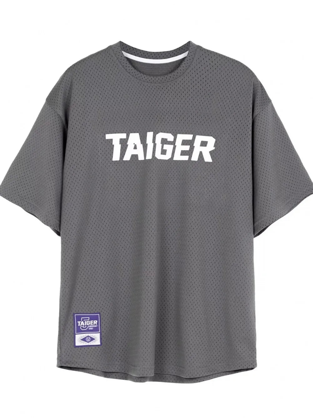 Gray mesh oversized t-shirt with white "TAIGER" graphic and a woven label.
