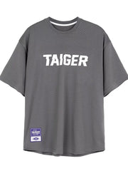 Gray mesh oversized t-shirt with white "TAIGER" graphic and a woven label.
