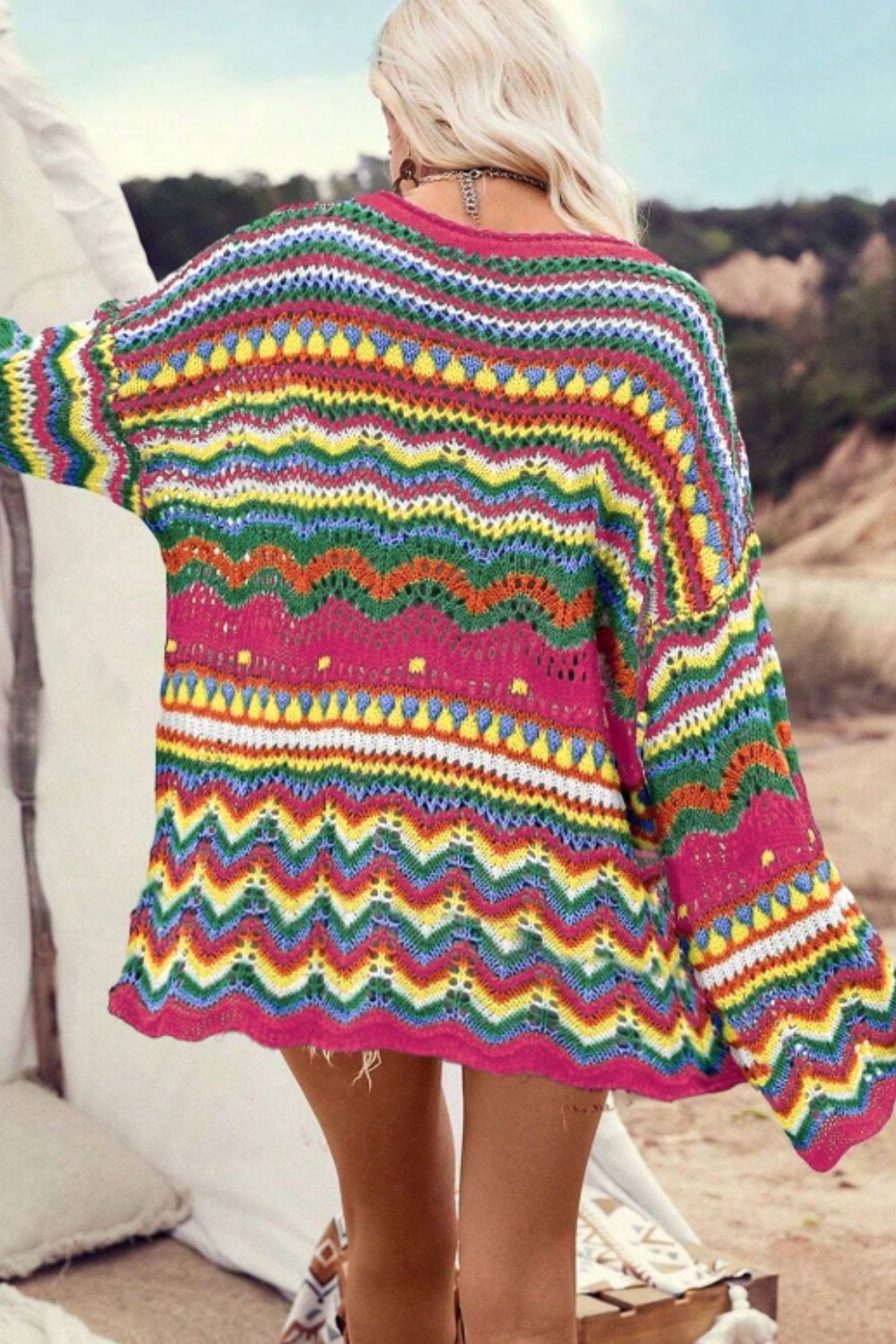 Multicolor crochet wave knit sweater with open knit details and a relaxed fit.