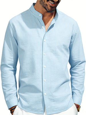 Light blue striped long sleeve men's shirt with band collar and button front.