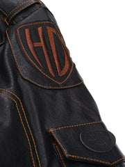 Black faux leather motorcycle coat with embroidered HD logo patch and contrast stitching.