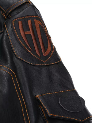 Black faux leather motorcycle coat with embroidered HD logo patch and contrast stitching.