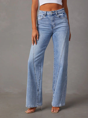 Panel seam wide leg jeans in light wash cotton blend with a comfortable, casual fit.