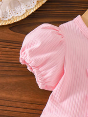 Children's Ribbed Bow Top And Shorts Set in Pink, back view