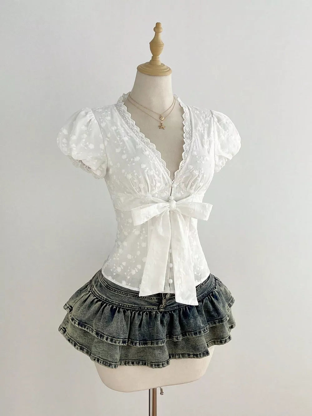 Lace Detail Bow Front Blouse, front view