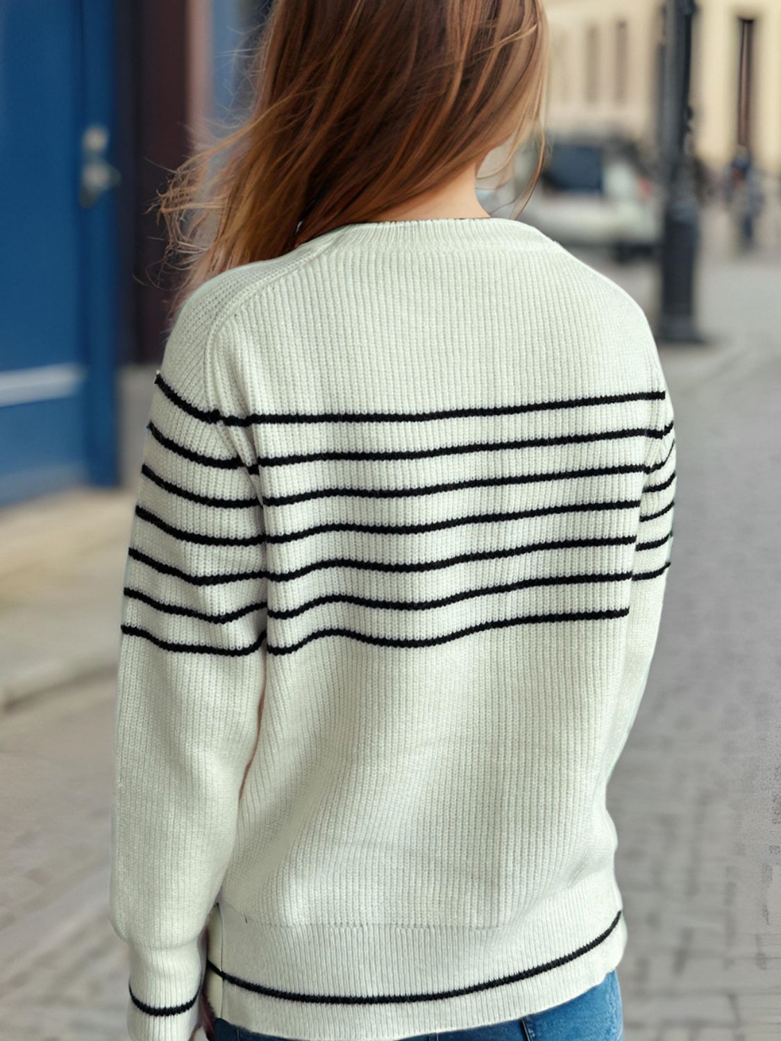 Breton stripe ribbed knit crewneck sweater in white with black stripes, acrylic.