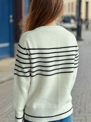 Breton stripe ribbed knit crewneck sweater in white with black stripes, acrylic.