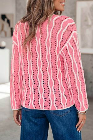 Wavy Detail Hollow Out Knit Sweater in Pink, side view