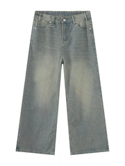 Heritage-inspired wide leg jeans in air force blue cotton blend with button fly and D-ring detail.