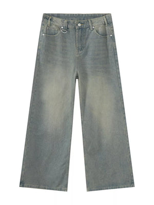 Heritage-inspired wide leg jeans in air force blue cotton blend with button fly and D-ring detail.