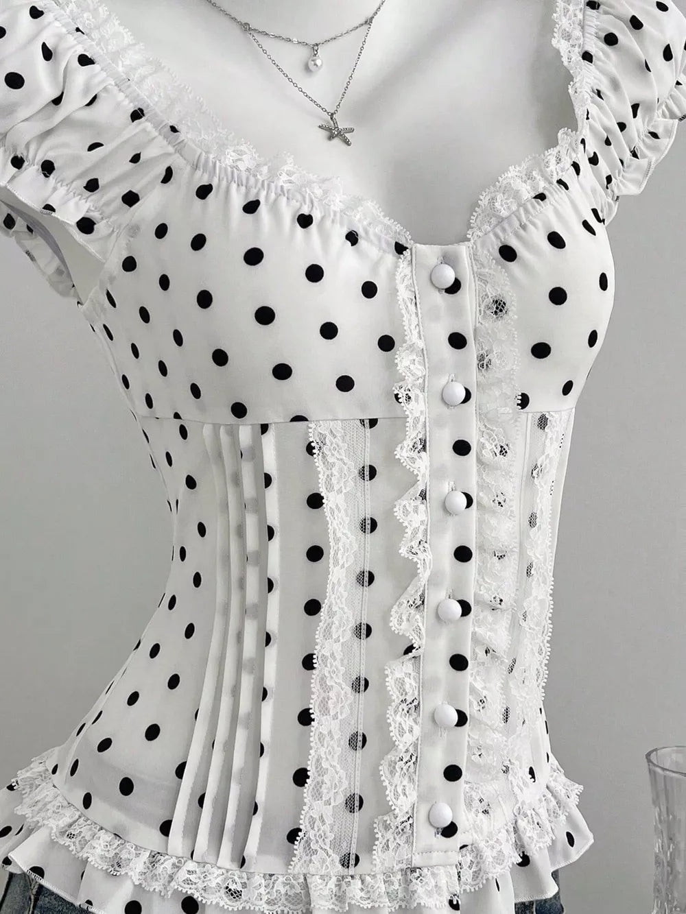 Polka Dot Lace Trim Cap Sleeve Blouse, model styling view