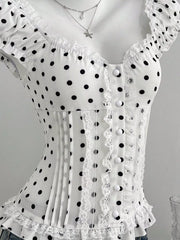 Polka Dot Lace Trim Cap Sleeve Blouse, model styling view