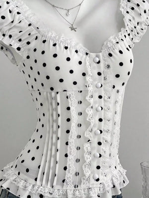 Polka Dot Lace Trim Cap Sleeve Blouse, model styling view