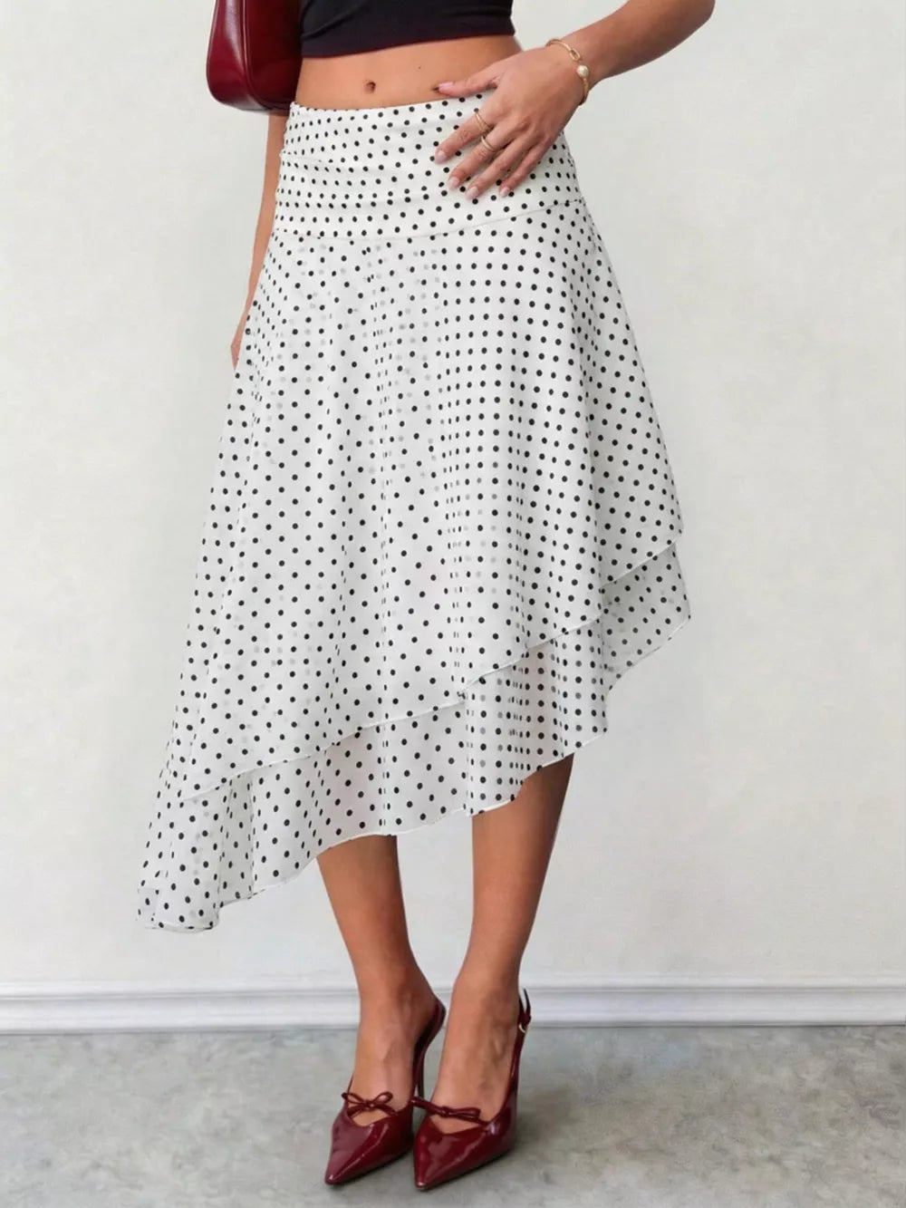 Polka Dot Asymmetrical Hem Midi Skirt in White, side view