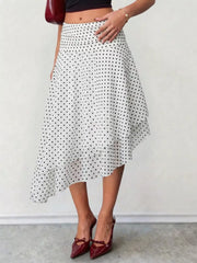 Polka Dot Asymmetrical Hem Midi Skirt in White, side view