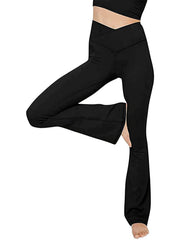 Black V-waist flare leggings with a high rise and bootcut leg
