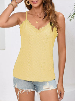 Yellow lace-trimmed V-neck camisole with eyelet fabric detail