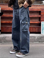 Navy blue relaxed fit cargo pants with multiple pockets and gold button detail.