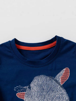 Navy toddler t-shirt with a charming goat embroidery and orange trim detail.