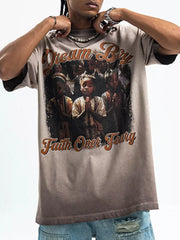 Khaki graphic t-shirt with puff sleeves featuring a "Dream Big Faith Over Fear" print of children praying.