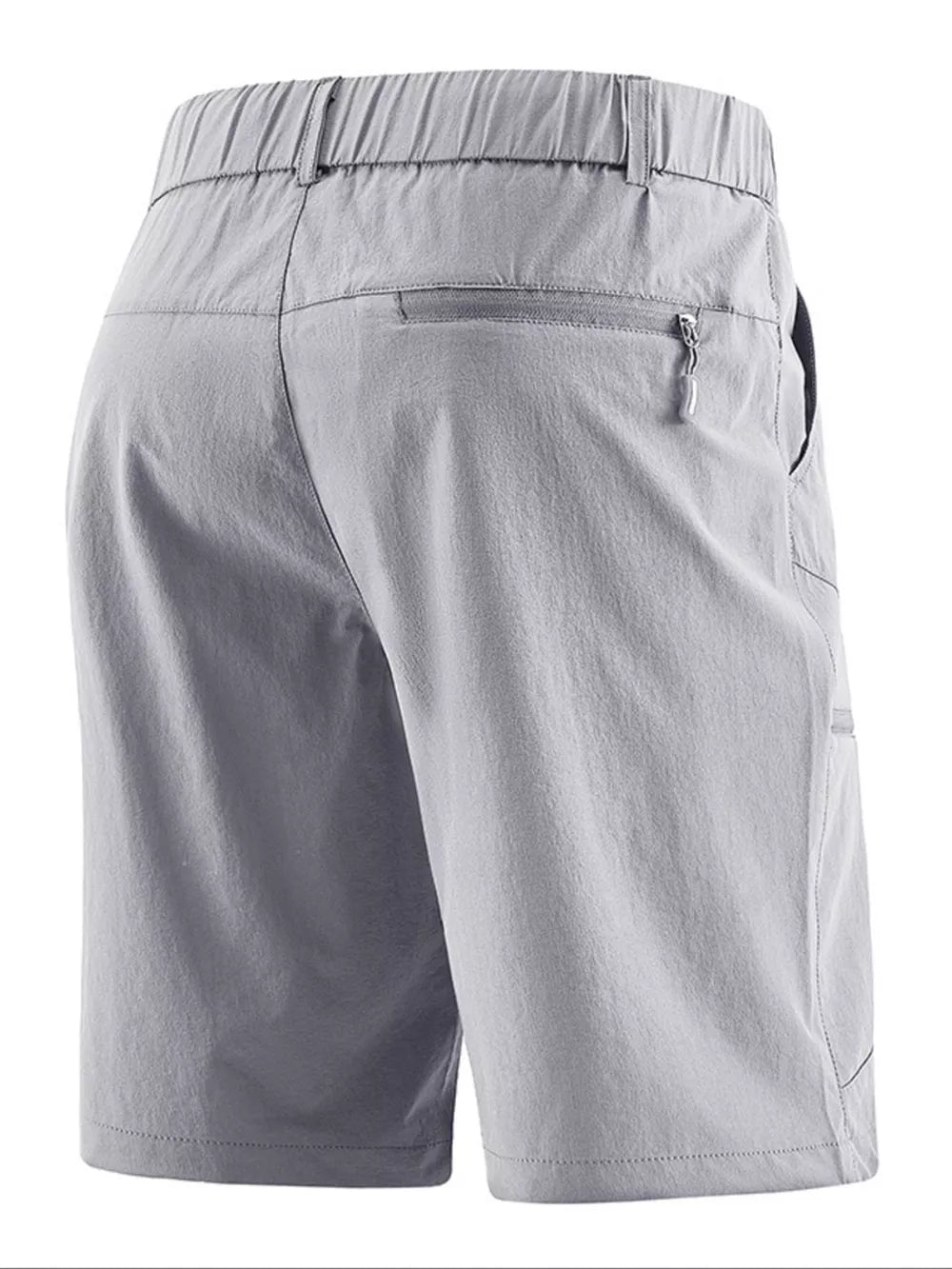 Lightweight quick-dry men's cargo shorts in light gray with elastic waistband and zip pocket.