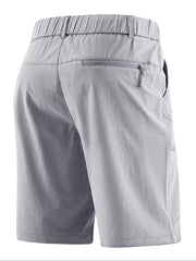 Lightweight quick-dry men's cargo shorts in light gray with elastic waistband and zip pocket.