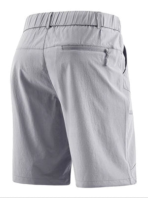 Lightweight quick-dry men's cargo shorts in light gray with elastic waistband and zip pocket.