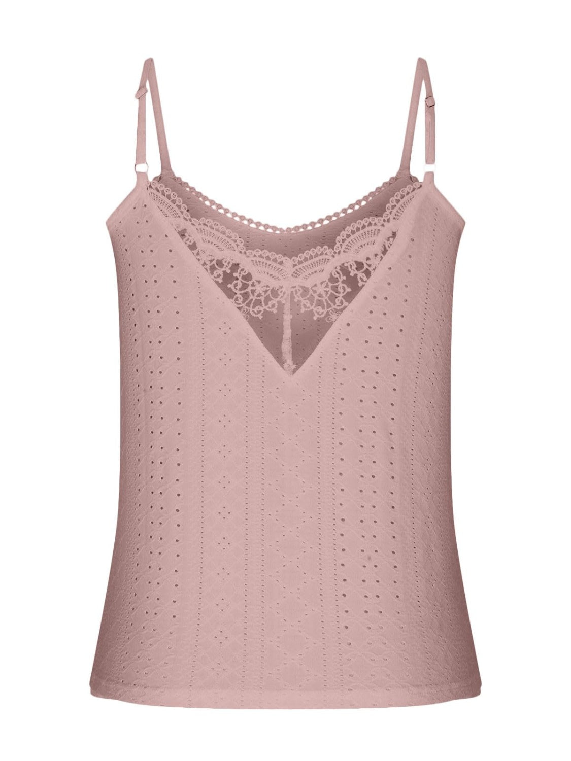 Dusty pink eyelet lace inset cami top with v-neck and adjustable straps.
