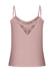 Dusty pink eyelet lace inset cami top with v-neck and adjustable straps.