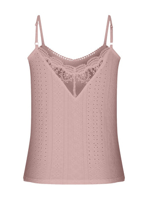 Dusty pink eyelet lace inset cami top with v-neck and adjustable straps.