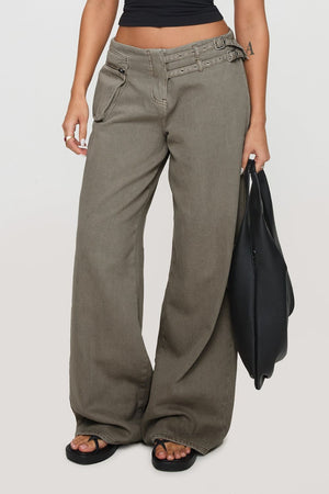 Utility buckle flared denim trousers in dark gray with zip pocket detail