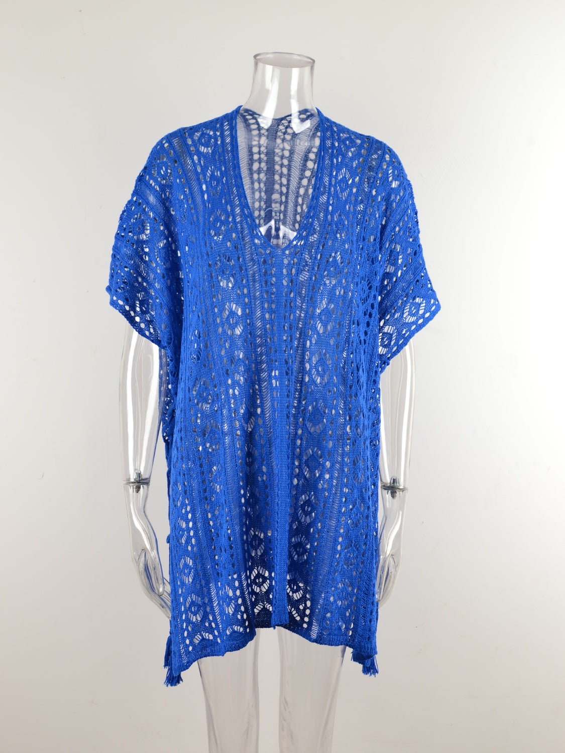 Royal blue open-knit V-neck beach cover-up with short sleeves and a relaxed fit.
